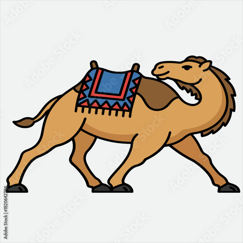 A cartoon camel with a colorful saddle and blanket walks to the right on a plain white background, with a suitable desert-inspired design.