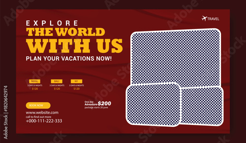 Explore the world with us vibrant travel advertisement showcasing exciting destinations and adventure opportunities for globetrotters