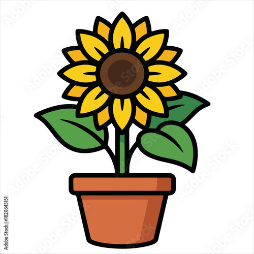 A vibrant cartoon sunflower in a terracotta pot against a clean white background, suitable for various design applications with a cheerful and colorful mood.
