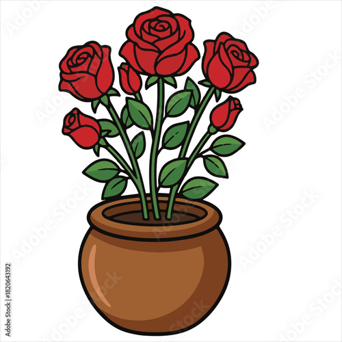 A vibrant cartoon illustration of a brown pot with several red roses and green leaves, suitable for various design applications on a white background.
