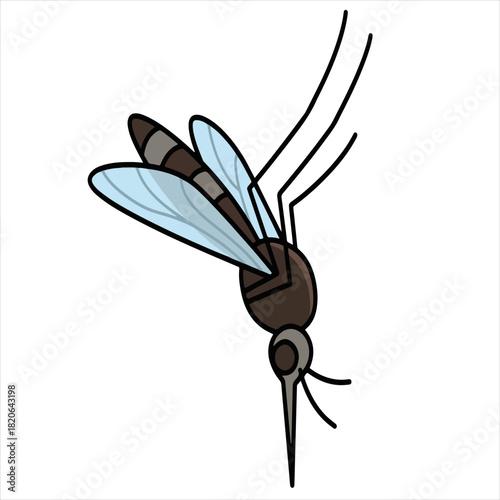A detailed illustration of a mosquito in flight with light blue wings and a brown body on a white background suitable for educational materials.
