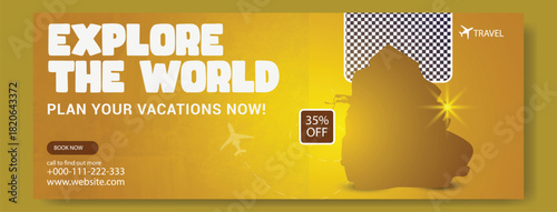 Explore the world plan your vacations now with a vintage jeep and travel luggage against a golden sunset background