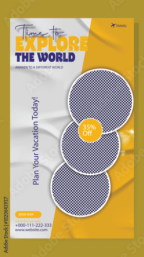 Inspiring travel advertisement showcasing diverse destinations and encouraging exploration of the world with a call to action