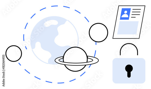 Digital identity concept. Digital identity ed by ID card, planetary elements, and padlock secure access. Digital identity for online platforms, security, data protection, technology, privacy