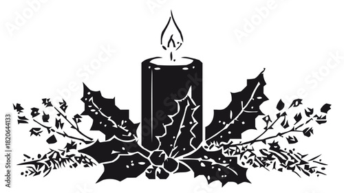 Elegant festive candle with holly sprigs for warm winter holiday cheer and cozy seasonal celebrations