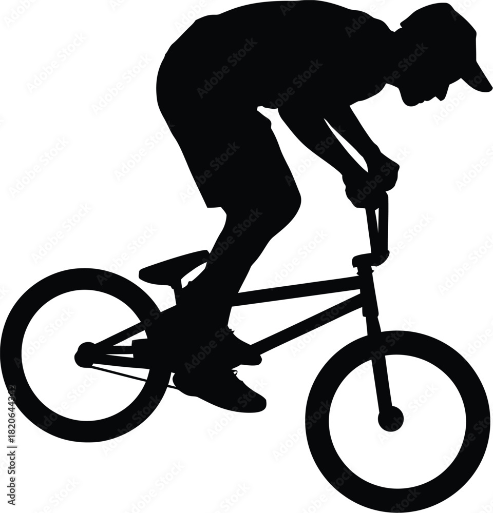 Naklejka premium Silhouette of aBMX rider performing a trick on a bicycle against a white background bike