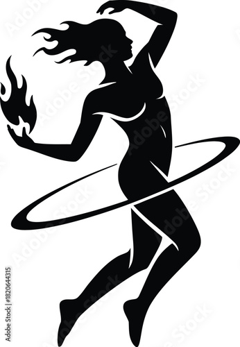 Silhouette of a woman with flowing hair holding a flame and a hula hoop Keywords: woman, silhouette, flame, fire, hula hoop, dancing, movement, energy, power, grace, female