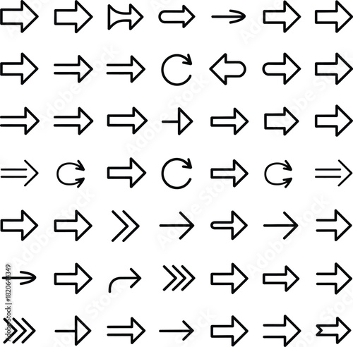 Collection of Black Outline Arrows and Circular Arrows on White Background direction pointer