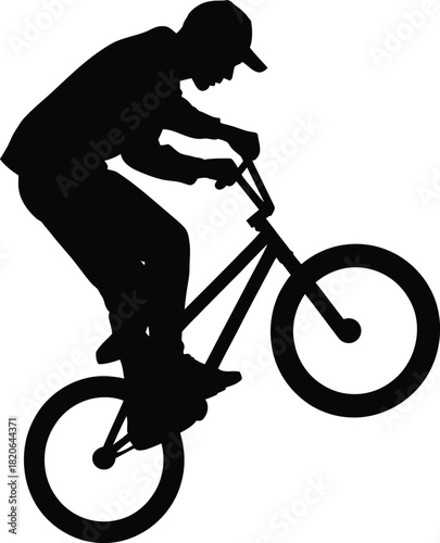 Silhouette of aBMX rider performing a trick on a white background Keywords: BMX, silhouette, bicycle, rider, trick, extreme sport, cycling, sport, athlete, action, dynamic