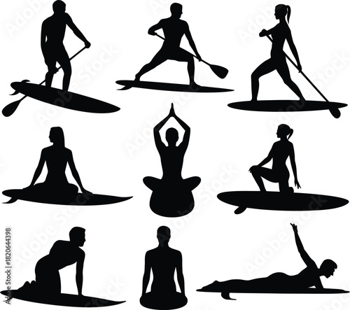 Collection of silhouettes of people practicing yoga and stand-up paddleboarding stand up paddleboarding