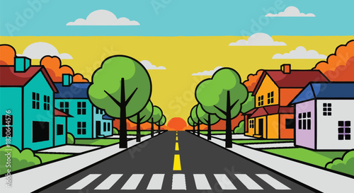 Vibrant suburban street scene with colorful houses and a sunset.
