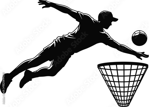 Silhouette of a Man Diving to Catch a Ball into a Basket on White Background catching