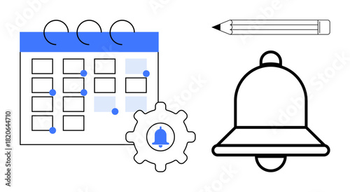 Calendar with dots for reminders, gear with bell inside, large bell for notifications, pencil for planning. Ideal for organization, scheduling, teamwork, productivity, deadlines workflows simple