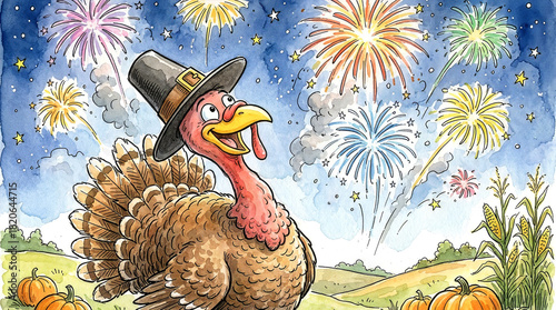 A drawing of a happy turkey wearing a pilgrim hat watching holiday fireworks