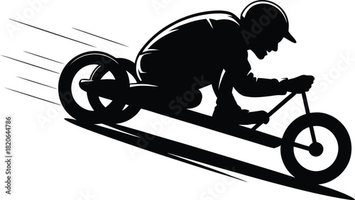 Silhouette of a person riding a gravity racer downhill with motion lines cart extreme sport