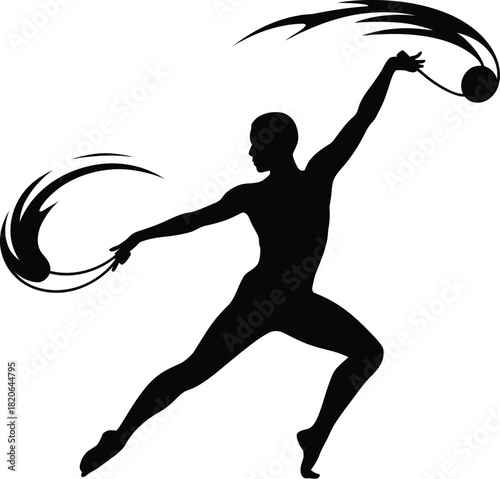 Silhouette of a rhythmic gymnast with a ball and ribbon creating dynamic swirling shapes on a white background