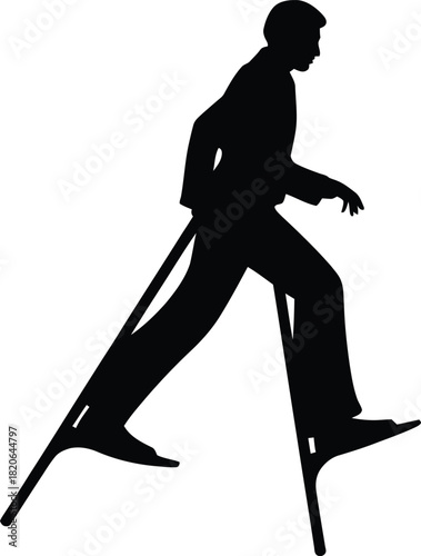 Silhouette of a person walking on stilts on a white background Keywords: silhouette, person, man, walking, stilts, tall, performer, circus, entertainment, activity, movement