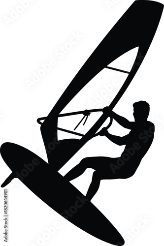 Silhouette of a windsurfer on a white background Keywords: windsurfer, windsurfing, sail, board, water sport, ocean, sea, sport, activity, silhouette, black, white background