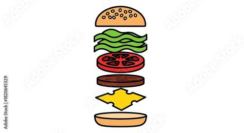 Deconstructed hamburger ingredients stacked in clean layers, ready for assembly.