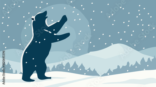 Playful bear enjoying the winter snow in a serene mountain landscape, a whimsical vector illustration