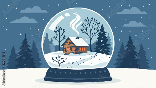 Winter wonderland in a snow globe, cozy cabin retreat with gentle snowfall, holiday magic and peaceful escape