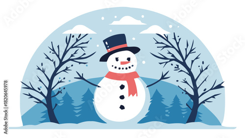Charming snowman with top hat spreading winter joy in snowy forest, scalable vector graphic illustration