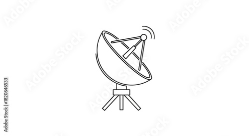 A simple line drawing of a satellite dish transmitting signals, isolated on white.