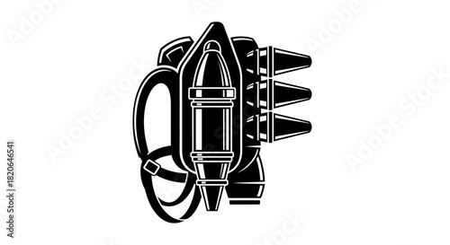 A stylized, monochrome illustration of a jetpack with straps and nozzles, isolated on white.