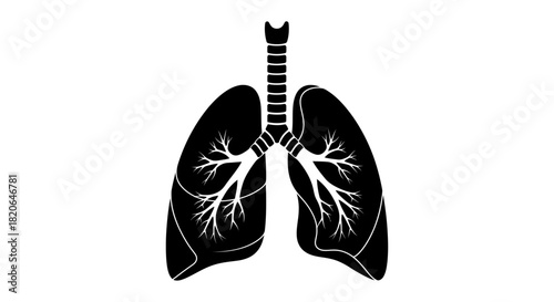 A black and white illustration of the human respiratory system, showing lungs and airways.