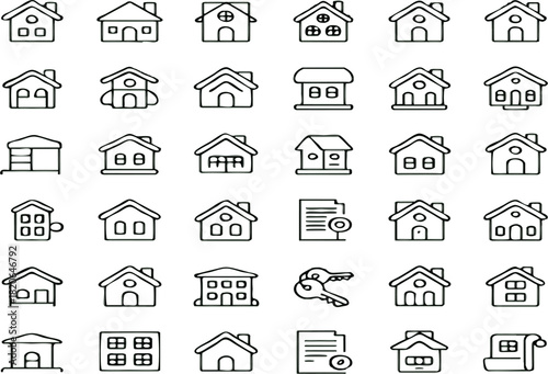 Collection of hand drawn house and key icons on white background home building
