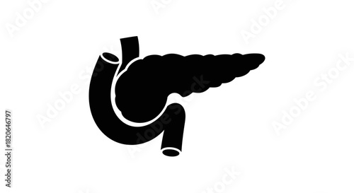 Black and white silhouette illustration of a human pancreas, duodenum, and related anatomy.