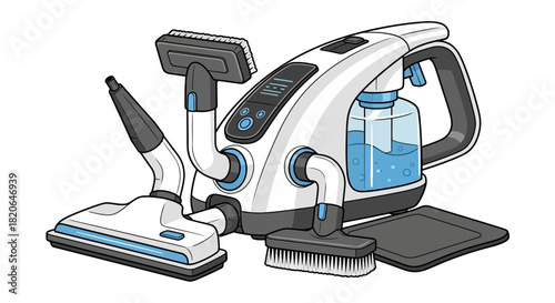 Illustration of a versatile white and gray steam cleaner with various attachments and a water tank filled with blue liquid.
