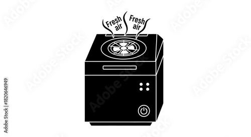 Black and white illustration of a square-shaped device with a fan emitting fresh air.
