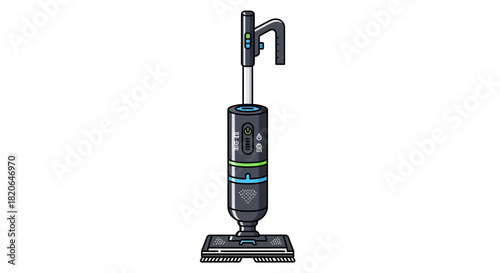 An illustration of a modern, upright vacuum cleaner with a sleek design, ready for use.