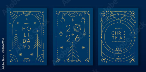 Set of modern Christmas frames or holiday greeting cards on blue background. Line art vector illustration