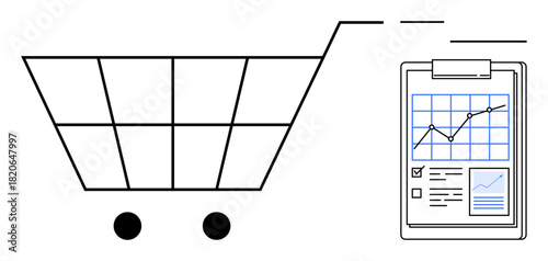 Shopping cart and clipboard with data charts indicating market analytics, performance tracking, and commerce insights. Ideal for business, e-commerce, marketing, data analysis, retail, strategy