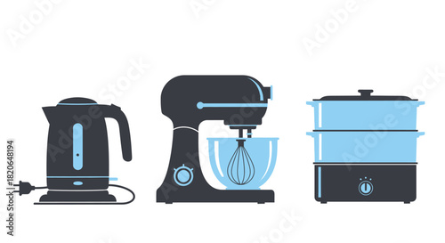 Collection of modern kitchen appliances including an electric kettle, stand mixer, and steamer