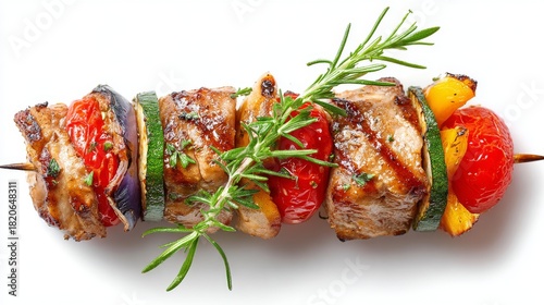Wallpaper Mural Juicy shish kebab with vegetables and rosemary garnish, isolated on white, top view Torontodigital.ca