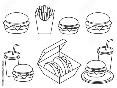 Line art illustration of burgers fries and drinks in black and white