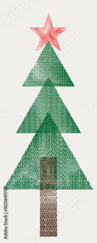 Pine Christmas tree dither bitmaps with star for greeting cards. Modern poster with minimalist design elements . Vector illustration
