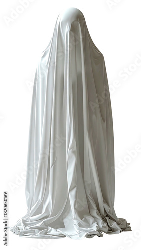 Figure shrouded in draped white cloth