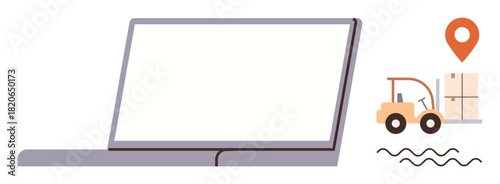 Laptop with blank screen, forklift moving boxes, location pin, and wavy lines. Ideal for logistics, supply chain, transportation, warehouse management, technology integration global tracking