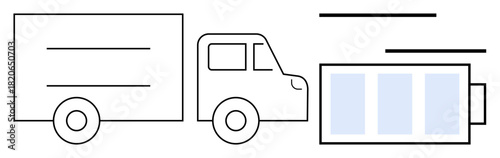 Electric-powered truck next to a large battery icon representing energy efficiency and renewable technology. Ideal for innovation, sustainability, renewable energy, logistics, green technology, clean