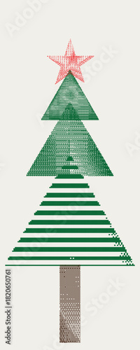 Pine Christmas tree dither bitmaps with star for greeting cards. Modern poster with minimalist design elements . Vector illustration