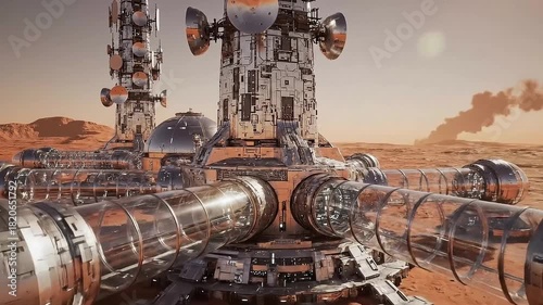 A sprawling futuristic colony on the surface of Mars, with advanced habitat modules and communication towers for space exploration