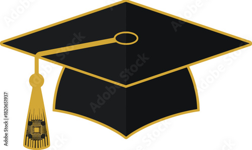 Flat Vector of a Graduation Cap with a Tiny Microchip Embedded in the Tassel for Education and Technology Concept