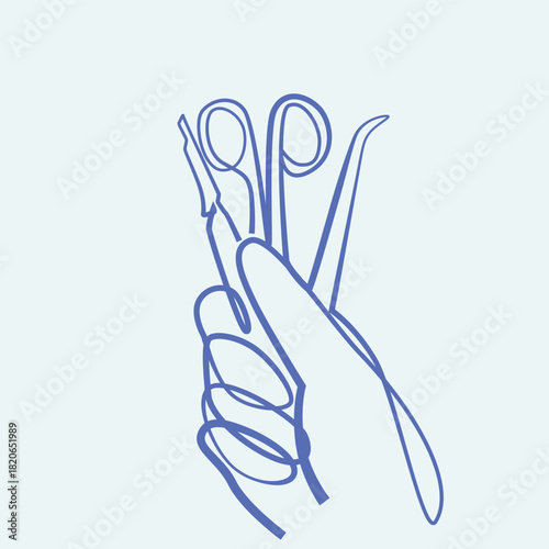 Medical Gloves holding stainless steel medical instruments one line drawing. Medical Gloves holding stainless steel instruments single line illustration. Medical Gloves holding stainless steel