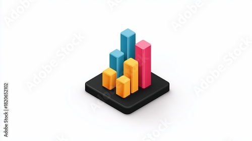 Isometric, colorful bar graph on a dark square base, illustrating financial data or performance