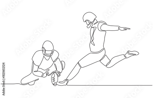 Continuous one line drawing of American football player kicking ball to score field goal, single line art.