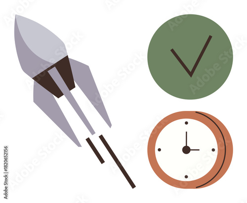 Rocket takes off beside green check mark and analog clock, symbolizing innovation, achievement, and time efficiency. Ideal for productivity, goals, startups, success deadlines planning. Simple flat